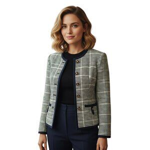 Evan Picone Vintage 80s Blazer Jacket Navy Wool Plaid Houndstooth Gold Button 6